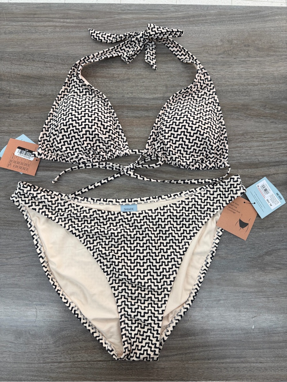 Shade & Shore Black and Cream Geometric Halter Bikini Set XL